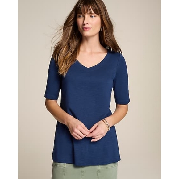 NWT J Jill Pima Double V Elbow Sleeve Tunic Top Ink Blue Soft Cotton Size Small - Picture 1 of 9
